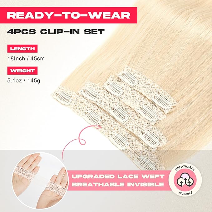 Hair Extensions, 4PCS 18" Clip in Hair Extensions Layered Cut Natural Lightweight Hairpieces with Thinner Softer Invisible Weft for Women - Light Blonde
