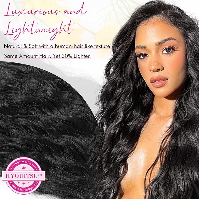 Hair Extensions, REECHO 9PCS Clip in Hair Extensions 24" Thick Long Mini Mermaid Wave Luxurious Lightweight Japanese Technology HYOUITSU Fiber Invisible Soft Lace Weft - HE009 Black