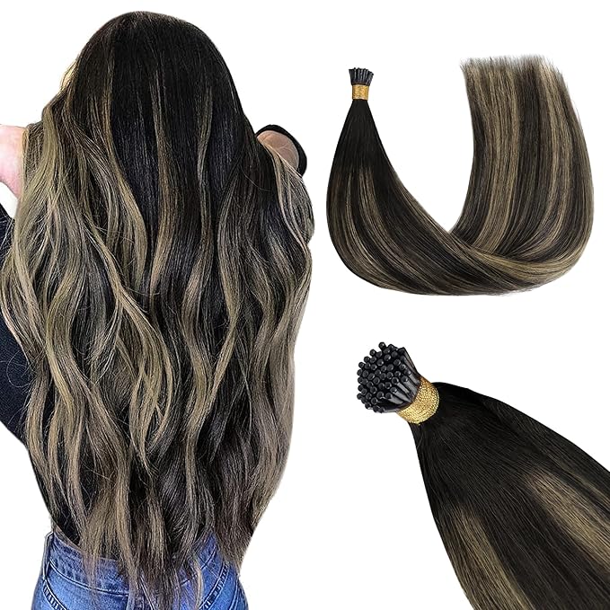 GOO GOO I Tip Hair Extensions Real Human Hair, 14inch 50g 100S, Cold Fusion I Tip Hair Extensions, Invisible Remy Hair Extensions, 1B/19/1B Natural Black to Light Blonde