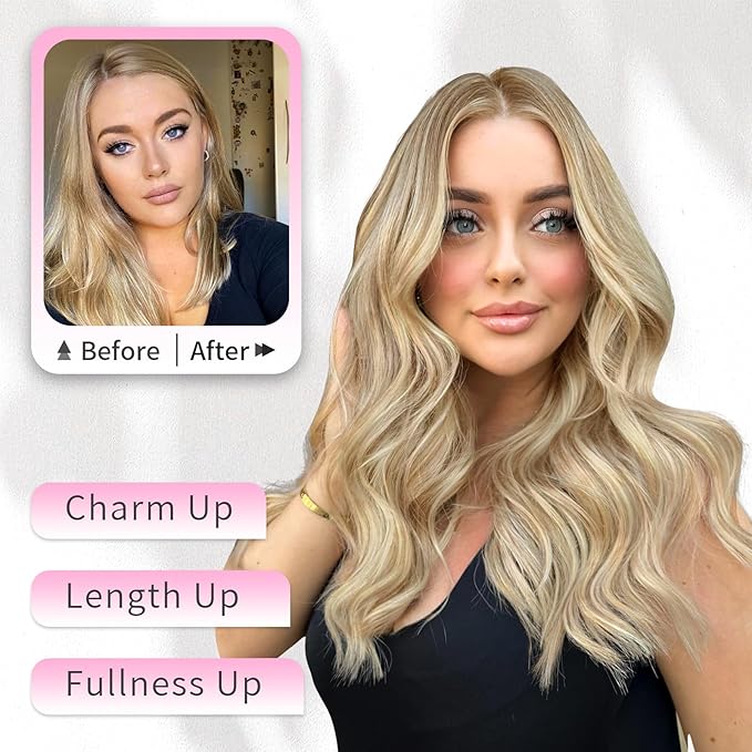 KooKaStyle Short Hair Extensions 6PCS 14 Inch Wavy Curly Hairpieces Synthetic Soft Lace Weft Clip in Hair Extensions-Light Brown mix Highlight Blonde for Women