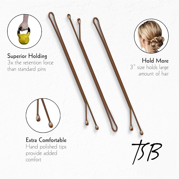 TSB Leeno No.3 Bronze Bob Pins Set of 30 – 3.0 Inch Bob Pins Designed by Styling Experts for Firm Hold – 3X Retention, Slideproof, Extra Durable, Premium Quality – Revolutionize Your Hair Style