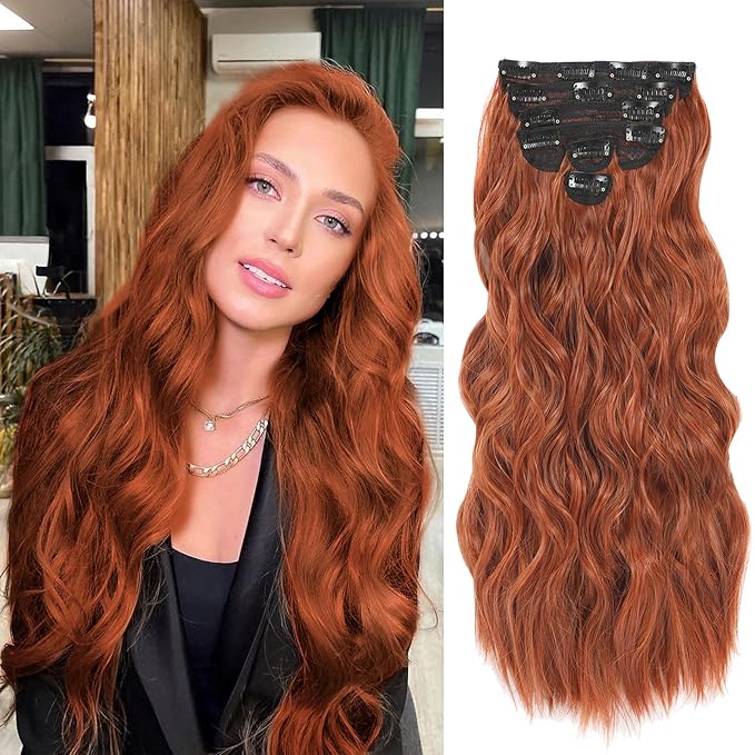NAYOO Clip in Hair Extensions for Women 20 Inch Long Wavy Curly Copper Red Hairpieces Full Head Synthetic Hair Hairpieces(6PCS,Copper Red)