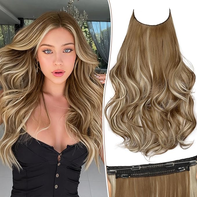KooKaStyle Invisible Wire Hair Extensions with Transparent Wire Adjustable Size 6 Secure Clips Long Wavy Layered Synthetic Hair Extensions P12A/24#Ash Medium Brown Mix Bleach Blonde 20 Inch