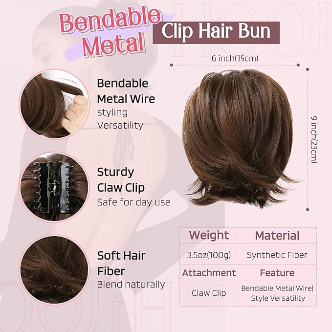 HOOJIH Ponytail Extension, Claw Clip in Straight Hair Bun Messy Bun 9 Inch Short Ponytail with Bendable Metal Wire Hair Pieces for Women Fake Hair Bun DIY Styles - Warm Brown with little black mixed