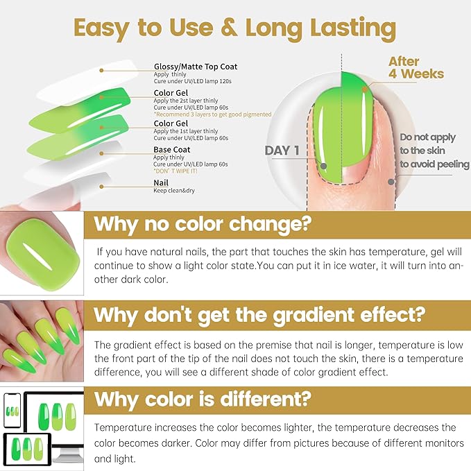YTD Likomey Color Changing Gel Nail Polish,15ml Light Yellow To Bright Green Mood Temperature Change Colors UV Nail Varnish,Fall Winter Thermal Salon Quality UV Color Manicure Gel,HEMA Free WB433