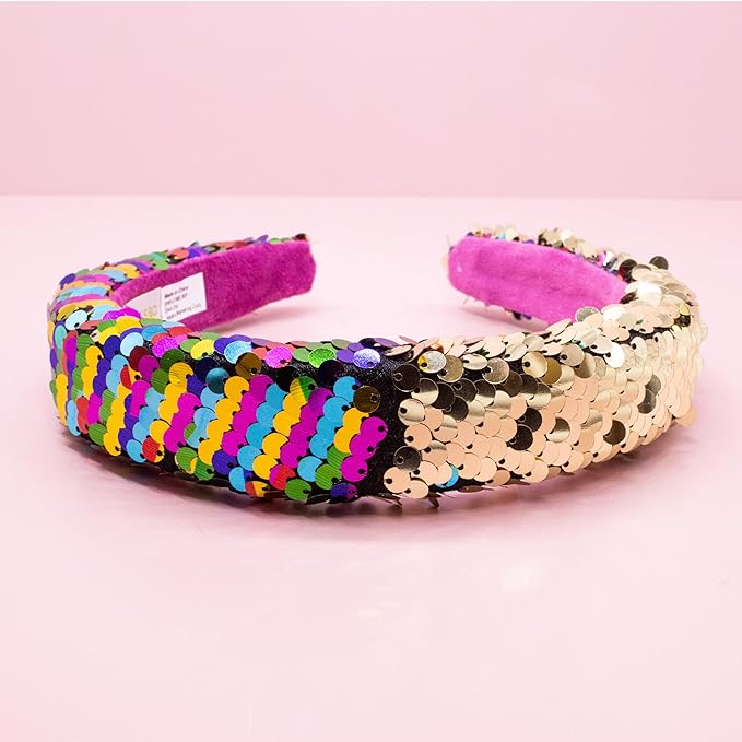 FROG SAC Sequin Headband for Girls, Wide Headbands for Kids, Sparkly Reversible Sequined Toddler Hair Bands, Sparkle Head Band Hair Accessories, Easter Basket Fillers Stocking Stuffers (Rainbow/Gold)