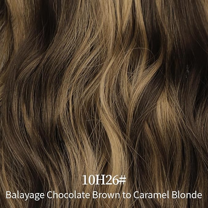 KooKaStyle Invisible Wire Hair Extensions with Transparent Headband Adjustable Size 4 Secure Clips Long Wavy Secret Wire Hairpiece 24 Inch for Women (Balayage Chocolate Brown to Caramel Blonde)