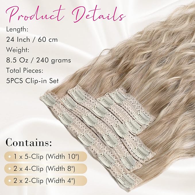 REECHO Clip in Hair Extensions, 5PCS Blonde Hair Extensions 24" Thick Long Loose Waves hair extensions HE002 Invisible Lace Weft Natural Soft Hairpieces for Women – Dark Ash Blonde