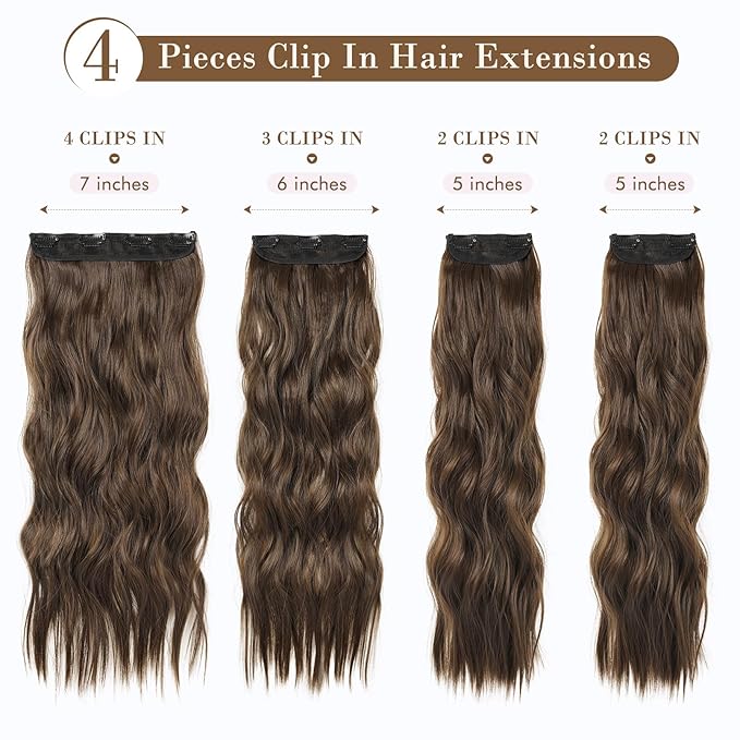 REECHO Hair Extensions, 4PCS Clip in Hair Extensions HE001 Natural Soft Synthetic Hairpieces for Women, Ginger Brown