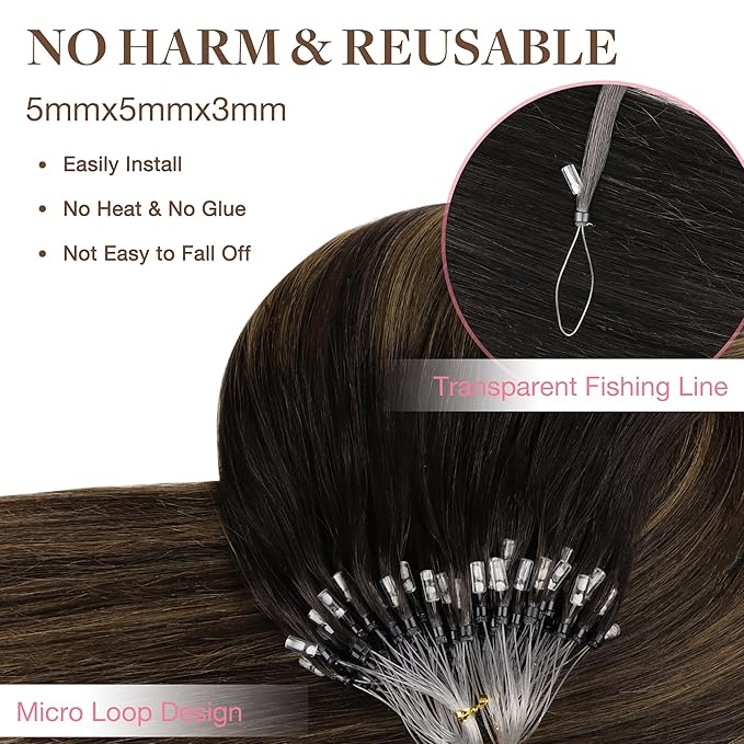 GOO GOO Micro Link Tip Hair Extensions, 18inch 50g 50S, Cold Fusion Invisible Remy Human Hair, 2/6/2 Balayage Dark Brown to Chestnut Brown