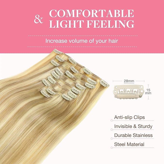 GOO GOO Clip in Hair Extensions Real Human Hair, Remy Human Hair Extensions Clip ins for Women, Natural Human Hair, 22inch 150g 9Pcs, 18D/22F Dirty Blonde Highlights