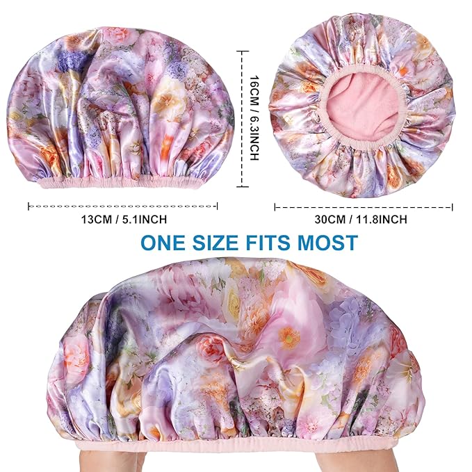 Upgraded Waterproof Terry Shower Caps, Reusable Shower Cap for Women with Long Hair, Soft Absorbent Hair-Protecting Towel Lining Bath Cap, Large Leak-Proof Hair Cap with Fashionable Print Outer-Pink