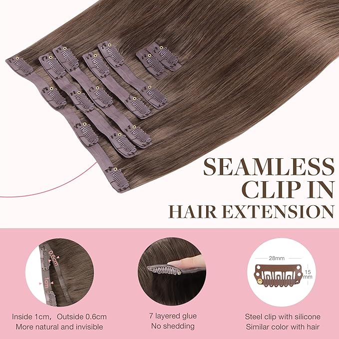 GOO GOO Clip in Hair Extensions Real Human Hair, Remy Human Hair Extensions Clip ins for Women, Natural Human Hair, 16inch 110g 7Pcs, 5 Light Ash Brown
