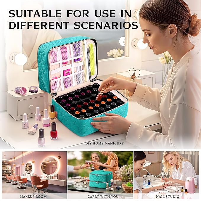 DreamGenius Nail Polish Organizer Case Holds 42 Bottles, Portable Double-Layer Nail Polish Storage Bag with Adjustable Dividers for Manicure Tools, Blue