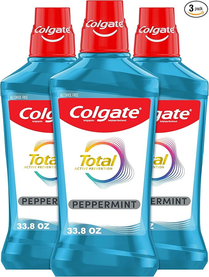 Colgate Total Alcohol Free Mouthwash, Peppermint for Bad Breath, Helps Prevent Gingivitis and Plaque, 3 Pack, 33.8 Oz Each