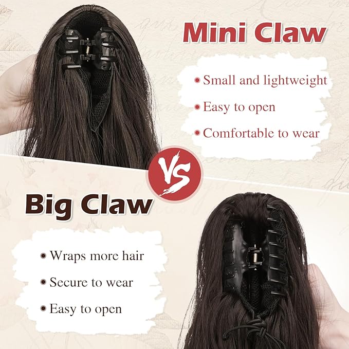 SOFEIYAN Ponytail Extension 16" Curly Wavy Claw Clip Ponytail Hair Extensions Small Claw Clip in Hairpiece Fluffy Clip on Pony Tails Jaw Clips for Women Synthetic Hairpiece, Brown