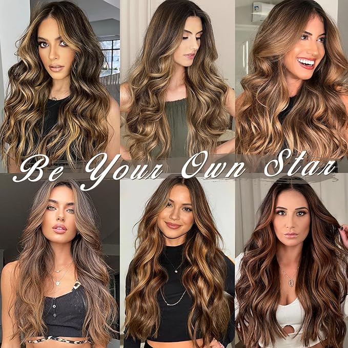 BARSDAR Clip in Hair Extensions - 20 Inch Wavy Highlight Hair Extensions - 5PCs Thick Soft Synthetic Clip in Hairpieces Daily Party Halloween - Ash Brown & Blonde