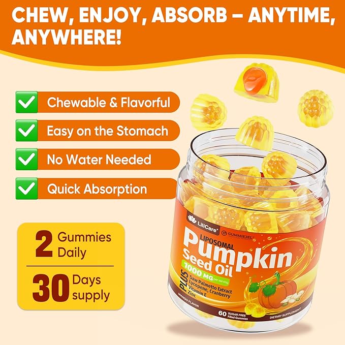 Pumpkin Seed Oil Gummies 1000mg with Saw Palmetto, Cranberry, Lycopene, Vitamin E, Zinc, Cold Pressed, Pure Virgin Pumpkin Seed Oil for Hair Growth, Skin, Urinary, Bladder & Prostate Health, 60 Count
