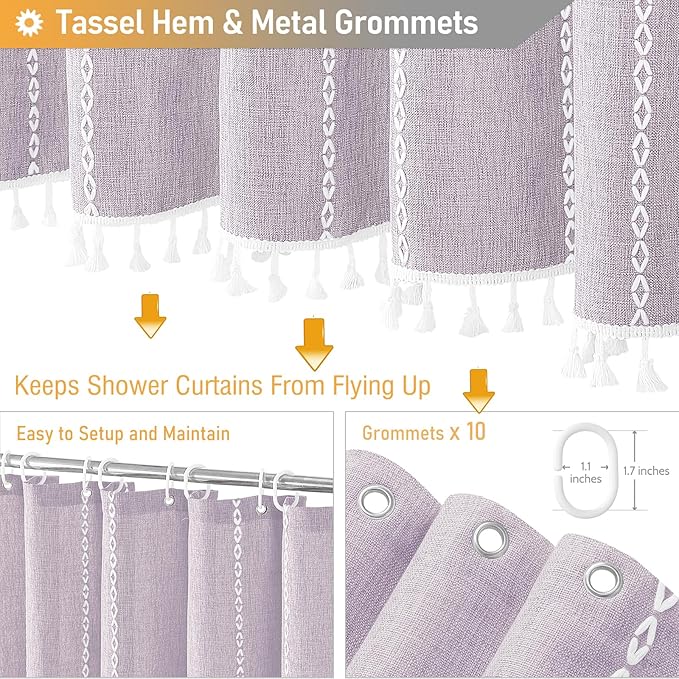 BTTN Stall Fabric Shower Curtain - 54x78 Boho Striped Linen Heavy Duty Tassel Shower Curtain Set with 10 Hooks, Narrow Rustic Modern Farmhouse Bohemian Cloth Shower Curtains for Bathroom - Lavender