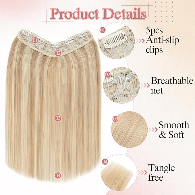 One Pieces Clip in Hair Extensions Human Hair Upgraded V-Shaped 5 Clips in Hair Extensions Human Hair Long Hairpiece For Women,22 Inch,#18P613 Gold Blonde Mixed Bleach Blonde,75g