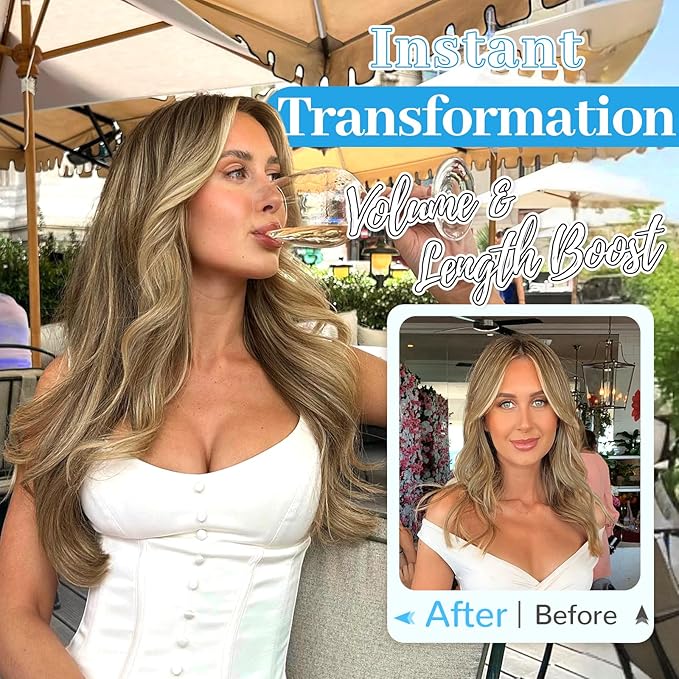 KooKaStyle Invisible Wire Hair Extensions Long Wavy Layered Synthetic with Transparent Wire Adjustable Size 6 Secure Clips Hairpieces for Women 20 Inch (Brown with Golden Blonde Highlight)