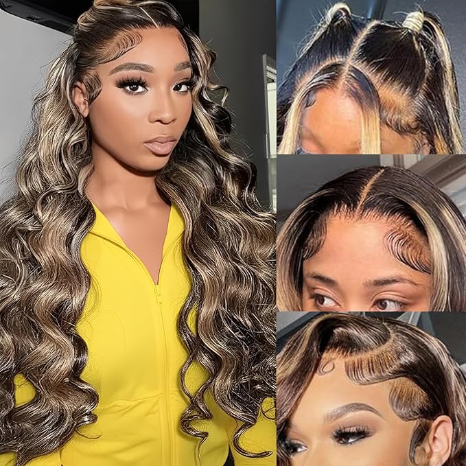 30 Inch Balayage 13x6 Ombre Lace Front Wig Human Hair Colored 1b/27 Honey Blonde Highlight Body Wave Lace Front Wigs Human Hair 200 Density HD Lace Frontal Wigs Pre Plucked Glueless Wigs for Women