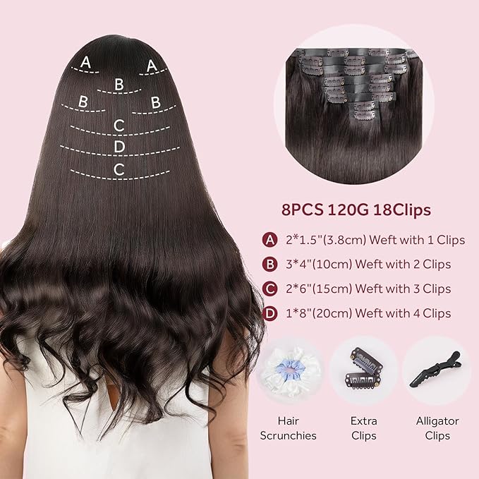 Clip in Hair Extensions Real Human Hair Dark Brown Seamless Clip In 100% Remy Hair Extensions PU Skin Weft Add Volume Thick&Invisible #2 18Inch 120G 8PCS