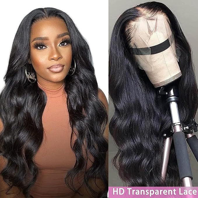 Full 13x4 Lace Front Wigs Human Hair Pre Plucked 180% Density 24Inch Body Wave HD Transparent Lace Frontal Wigs Human Hair 12A Glueless Wigs Human Hair Lace Front Wigs for Black Women with Baby Hair