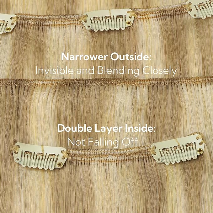 HOTBANANA Clip in Hair Extensions Real Human Hair, 130g 7pcs 18 inch Light Blonde Highlighted Golden Blonde(Ash Tone) Clip in Human Hair Extensions Straight Remy Hair Extensions Full Head
