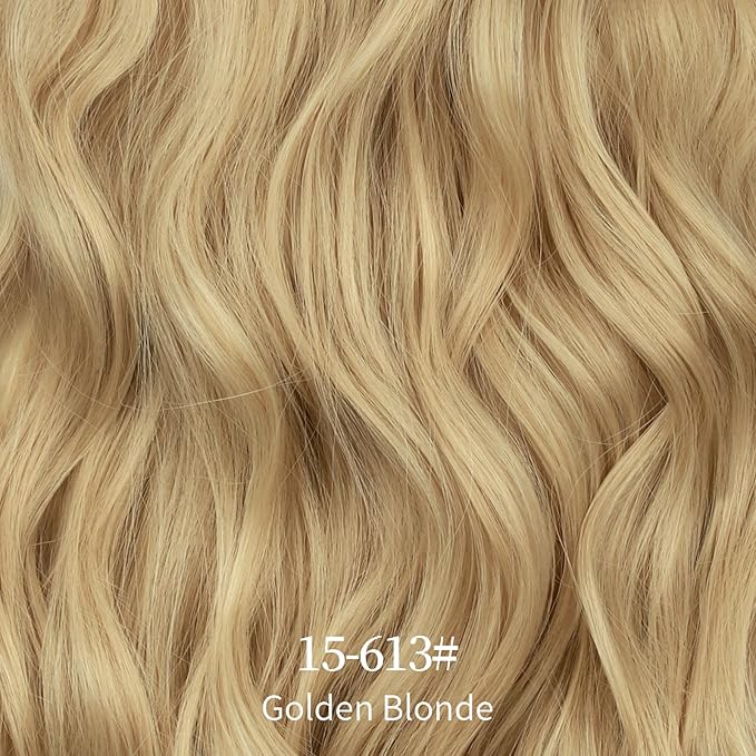 KooKaStyle Invisible Wire Hair Extensions with Transparent Wire Adjustable Size Long Wavy Synthetic Hairpiece 15/613#Golden Blonde 16 Inch with 4 Secure Clips for Women