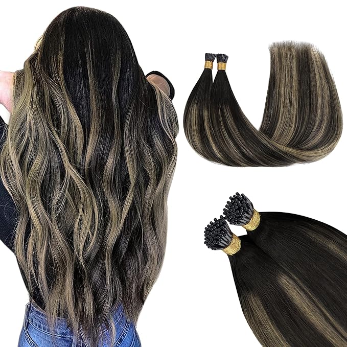 GOO GOO I Tip Hair Extensions, Real Human Hair, 24inch 100g 100S, Cold Fusion I Tip, Invisible Remy, 1B/19/1B Natural Black to Light Blonde
