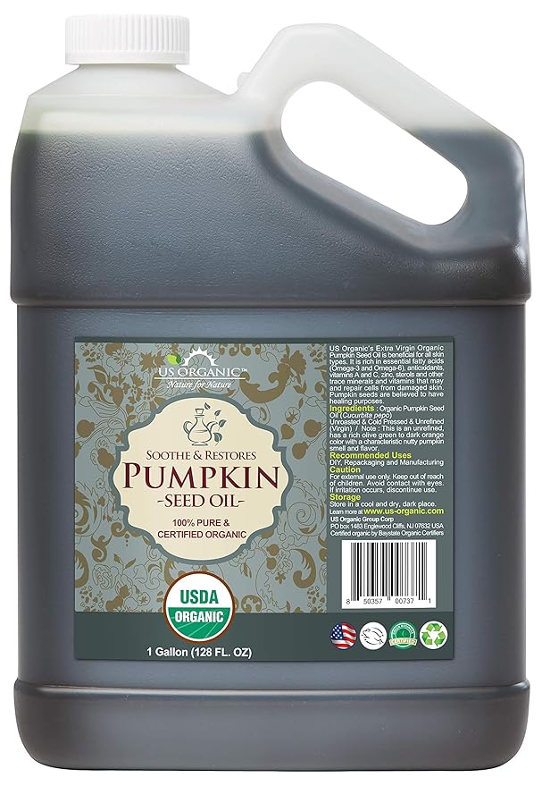 US Organic Pumpkin Seed Oil, Certified Organic, Cold Pressed Virgin, Unrefined, Size for DIY and small manufacturers (128 oz (1 Gallon))