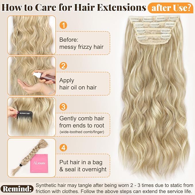 ALXNAN Clip in Long Wavy Synthetic Hair Extension 20 Inch Beach Blonde 4PCS Thick Hairpieces Fiber Double Weft Hair for Women