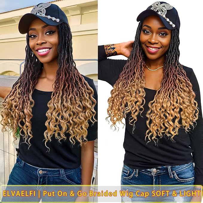 Bling Butterfly Cap w/20 inch Goddess Curls Faux Locs Crochet Hair Extensions, Ombre Brown Wigs with Curly Ends