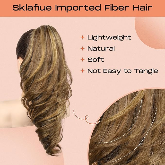 SEIKEA Ponytail Extension, 18" Wavy Claw Clip in Hair Extensions for Women, Lightweight Fluffy Synthetic Ponytail Hairpiece, Natural Soft & Easy to Wear, for Short & Medium Hair Brown/Golden Highlight