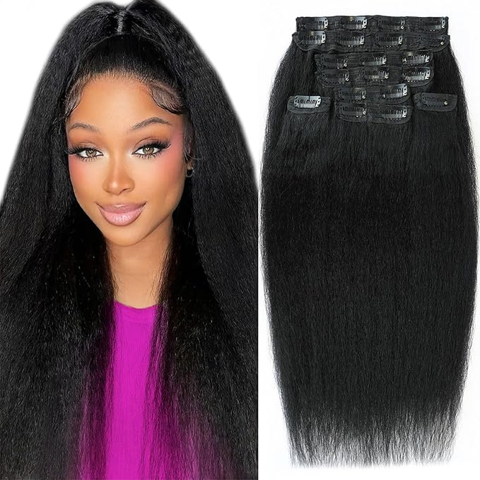 Kinky Straight Clip ins 24 Inch 8Pcs 130g Kinky Straight Clip in Hair Extensions Real Human Hair Brazilian Remy Human Hair Extensions for Women Per Set with 20 Clips Double Weft Natural Black