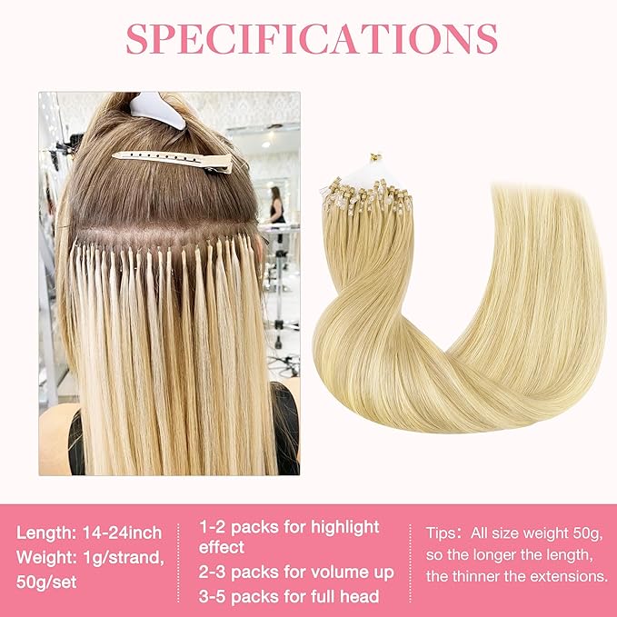 GOO GOO Micro Link Tip Hair Extensions Real Human Hair, 16inch 50g 50S, Cold Fusion Micro Link Tip, Invisible Remy Hair Extensions, 18AT60A Pearl Ash Blonde Highlights