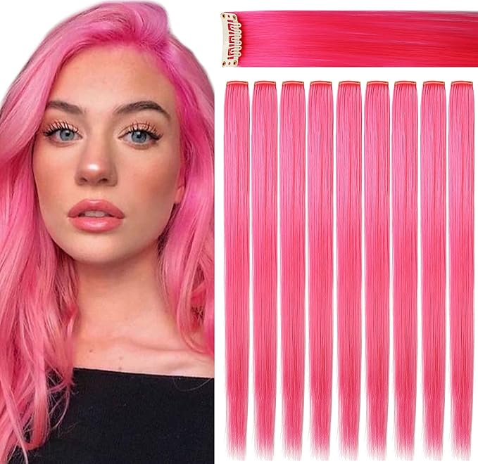 Rhyme 9PCS 21" Colored Clip in Hair Extensions Pink Hair Extensions for Kids Girls Hair Clips Straight Fashion Hairpieces for Party Highlights Hair Accessories (Pink)
