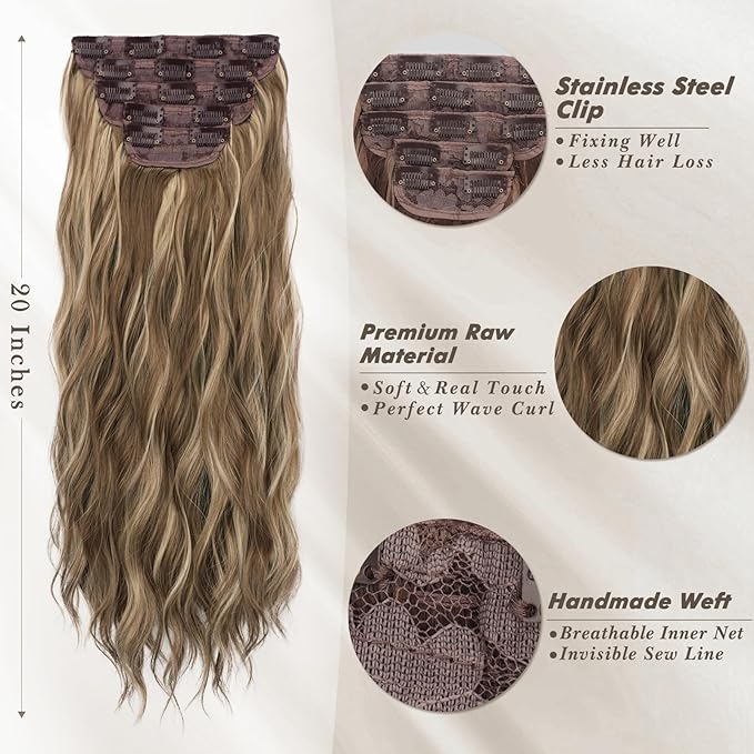 BARSDAR Clip in Hair Extensions - 20 Inch Wavy Highlight Hair Extensions - 5PCs Thick Soft Synthetic Clip in Hairpieces Daily Party Halloween - Ash Brown & Blonde