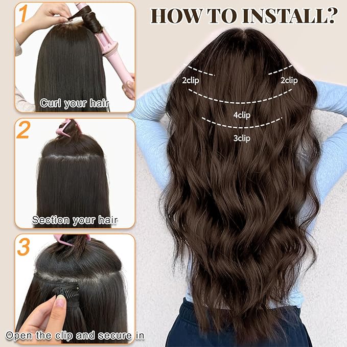 ALXNAN Clip in Long Wavy Synthetic Hair Extension 24 Inch Chocolate Brown 4PCS Thick Hairpieces Fiber Double Weft Hair for Women