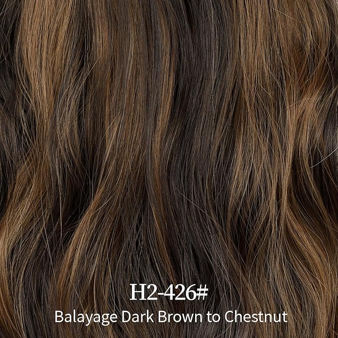 KooKaStyle Invisible Wire Hair Extensions with Transparent Wire Headband Adjustable Size 4 Secure Clips H2/426#Balayage Dark Brown with Chestnut Long Wavy Hairpiece 16 Inch for Women