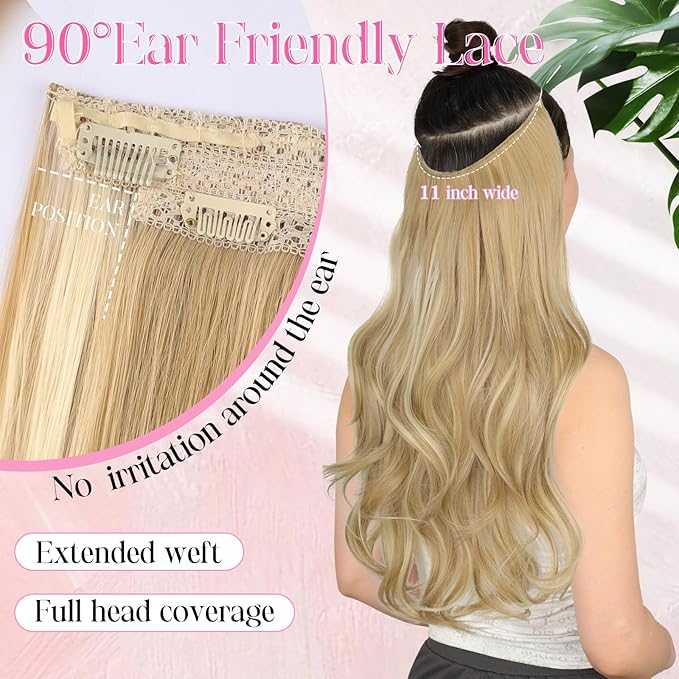 Invisible Wire Hair Extensions with Transparent Wire Adjustable Size 4 Secure Clips Long Wavy Secret Hairpiece 20 Inch for Women(Beige Blode)