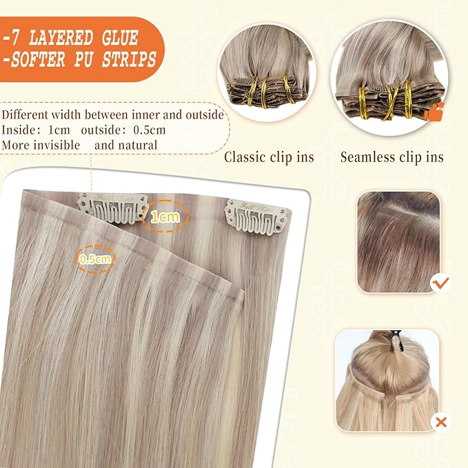 Full Shine Clip in Hair Extensions 18 inch 140g 8Pcs Seamless Hair Extensions Clip in Ash Blonde Highlight Bleach Blonde Remy Hair Clip ins for Women