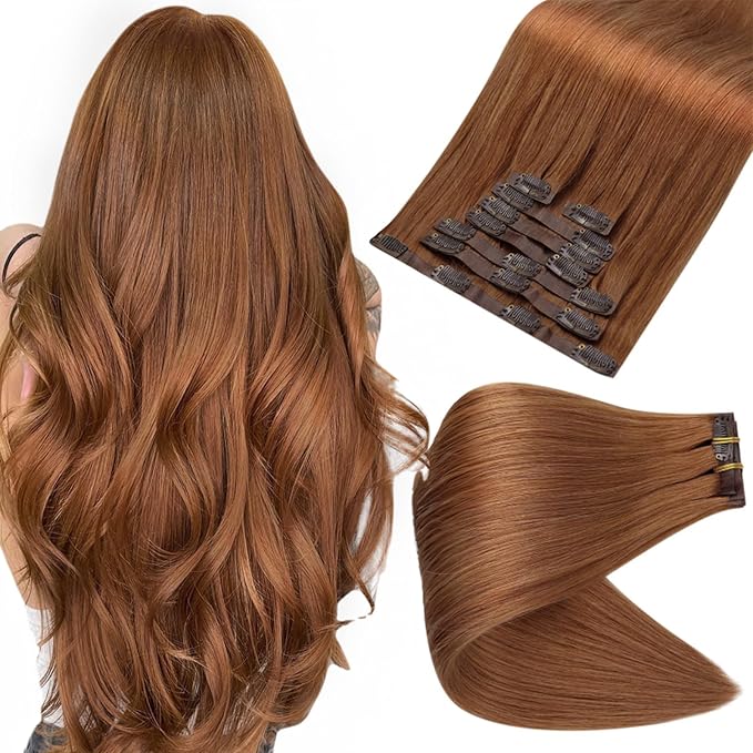 Full Shine Seamless Human Hair Clip in Extensions Copper Seamless Clip in Hair Extension Real Human Hair 24 Inch Straight Clip ins for Women Add Volume 8 PCS 120 G