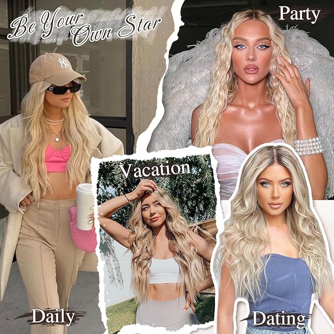 BARSDAR Light Ash Blonde Mix Clip in Hair Extensions - 6PCs Beach Wavy Blonde Highlight Clip in Hair Extensions for Women - 20 Inch Thick Soft Synthetic Clips on Hairpieces Daily Party Halloween