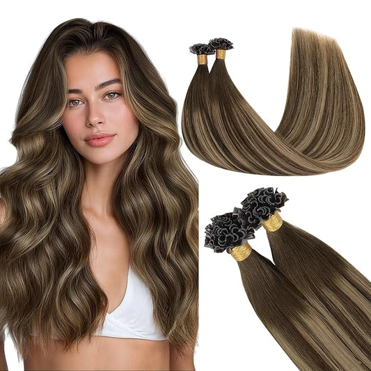 GOO GOO U Tip Hair Extensions Real Human Hair, Double Volume 100g 100S, 22 Inch Hot Fusion U Tip Extensions, Invisible Remy Hair, 4/27/4 Balayage Chocolate Brown to Caramel Blonde