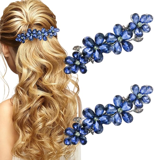 2PCS Exquisite Sparkling Rhinestone 4 Flower Hair Clips, Non-Slip Alloy Hair Accessories for Women & Girls, Ideal for Party, Wedding & Daily Wear (Dark Blue)
