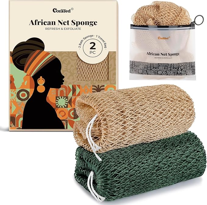 CORATED African Net Sponge Authentic, Shower Loofah Exfoliating Bath Sponge, Body Scrubber for Women and Men Daily Use Body Care, Travel Portable Bath Accessories for Bathroom (Linen & Dark Green)