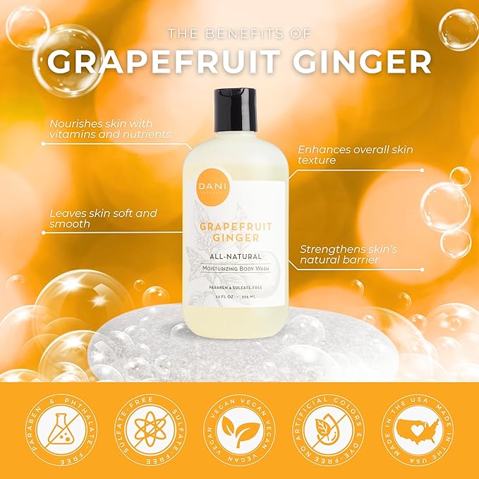 DANI Naturals Moisturizing Body Wash - Grapefruit Ginger Scent, Organic Aloe Vera & Glycerin, Sulfate-Free, Vegan, pH-Balanced, 12 oz - Refreshing, Moisturizing Shower Gel for Soft Skin