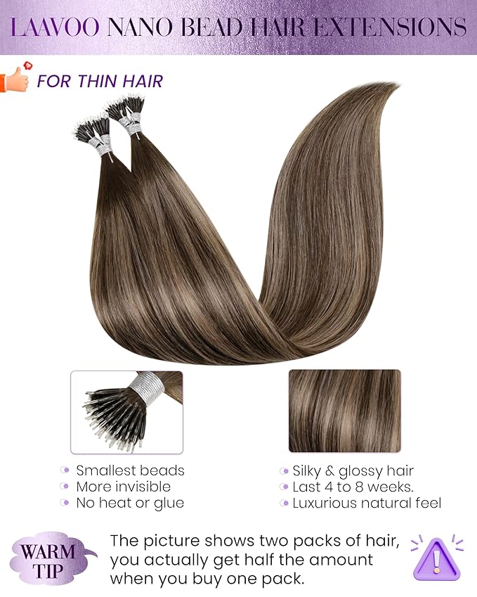 LaaVoo Nano Hair Extensions Human Hair Balayage Dark Brown to Ash Blonde Nano Ring Hair Extensions Brown 50s 50g 14 Inch